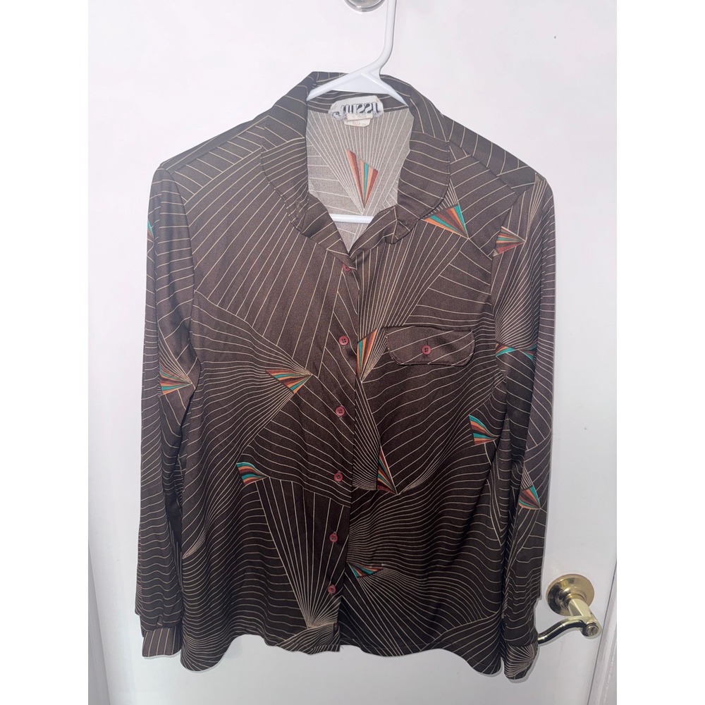 Vintage 70s Trissi Geometric Op Art Print Blouse Brown Long Sleeve Shirt Large